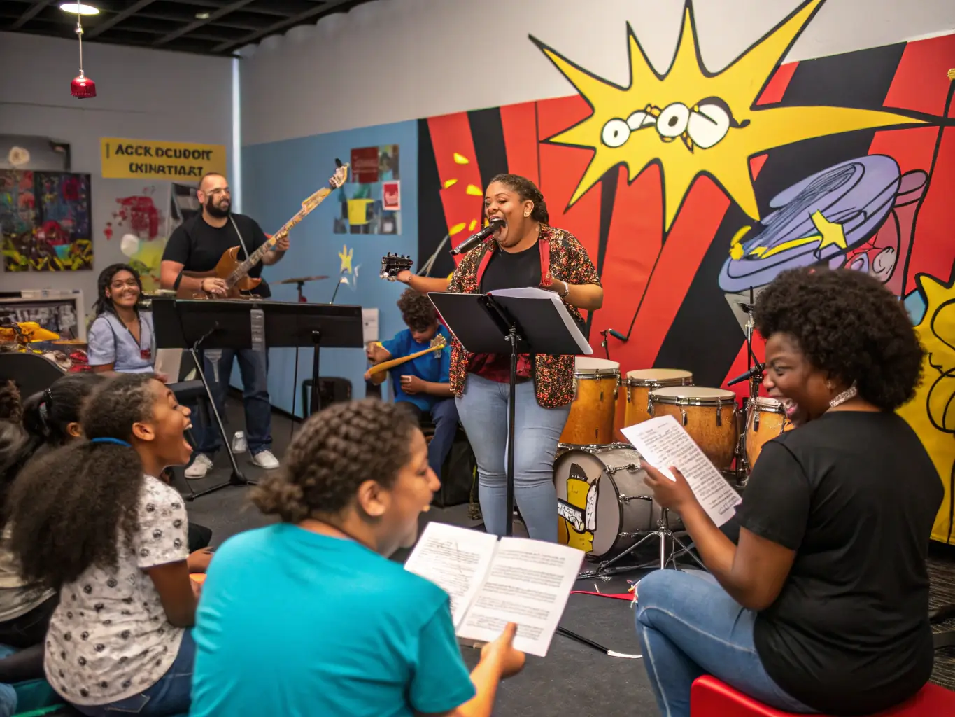 A dynamic image of a music workshop, with participants of diverse ages and backgrounds actively engaged in learning and creating music together.