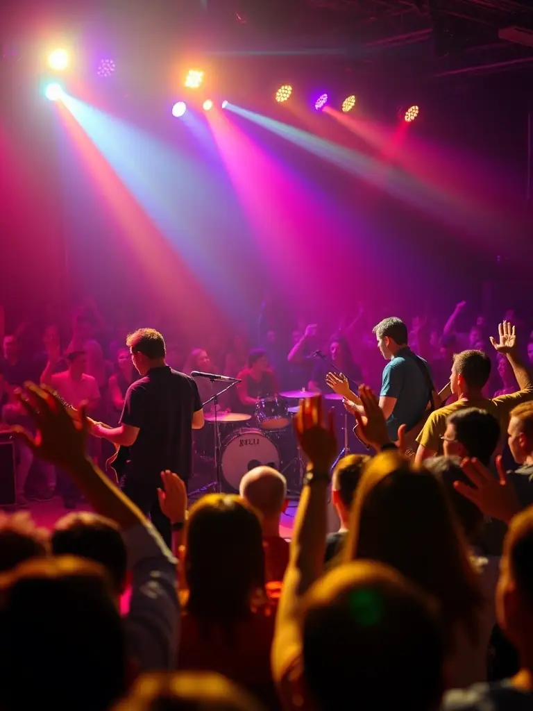 A photograph capturing a live performance event organized by COLORADO STAFF, featuring musicians on stage and an enthusiastic audience, highlighting the organization's role in promoting musical culture.