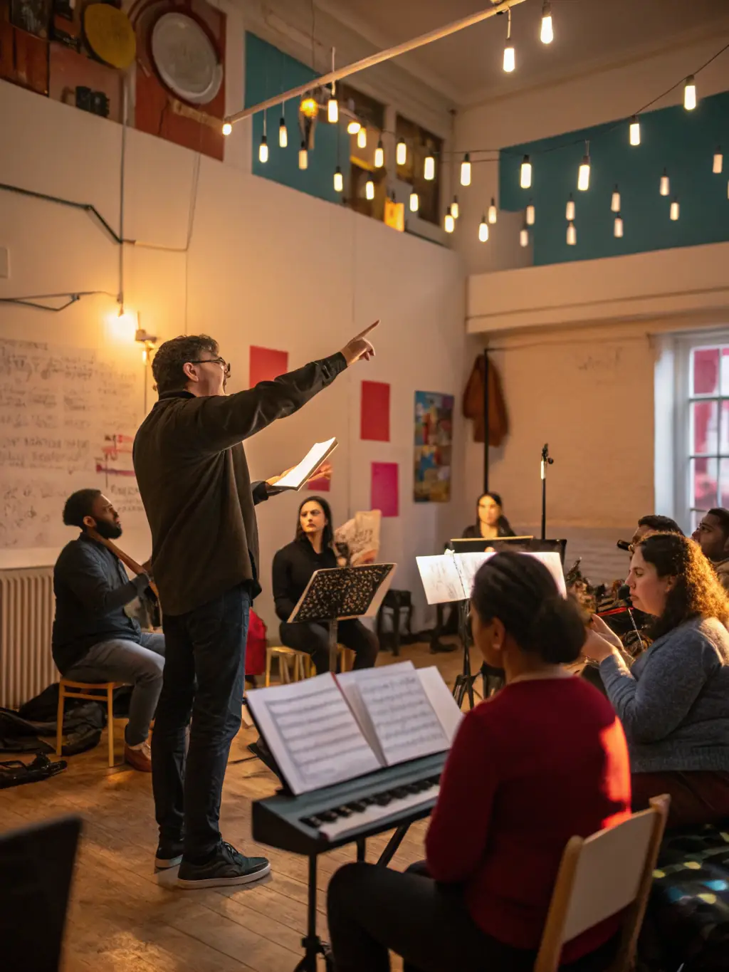 A vibrant image of a music workshop in progress, showcasing participants actively engaged in learning and creating music, reflecting COLORADO STAFF's commitment to artistic development.