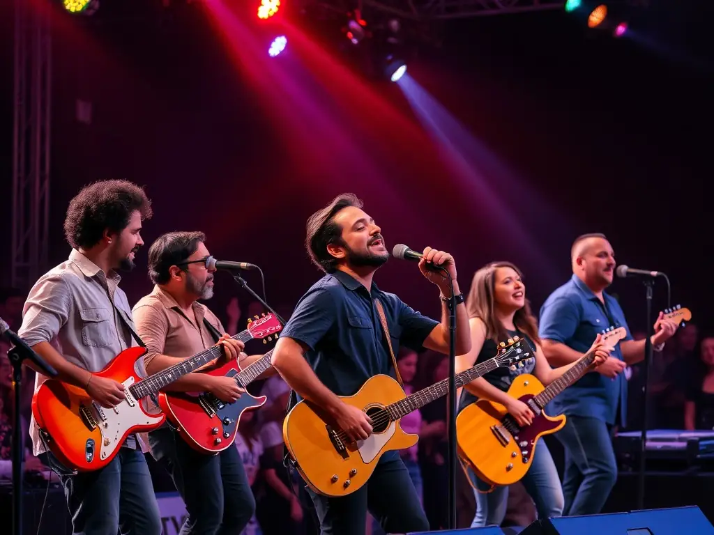 A photograph capturing a live music performance in a community setting, showcasing the energy and connection between the musicians and the audience.