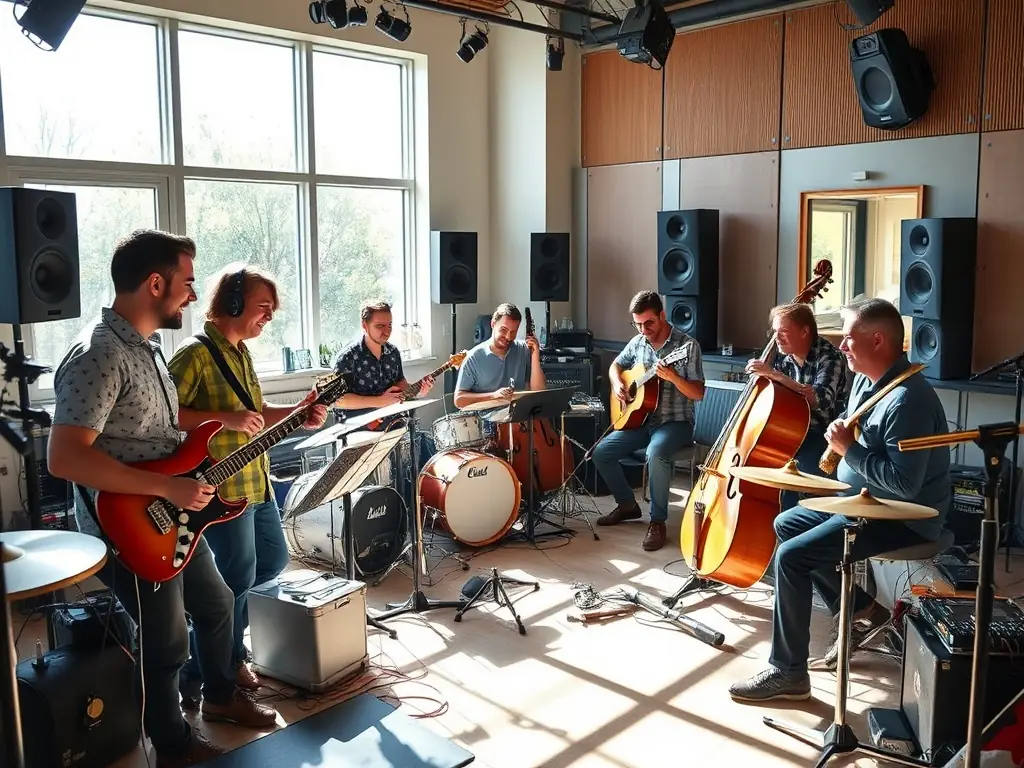 An inspiring image of artists collaborating in a vibrant studio environment, with musical instruments and creative tools visible.