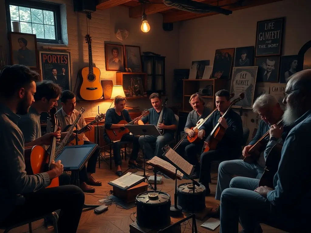 A vibrant image depicting a music workshop session with young adults actively participating, instruments in hand, set against a backdrop of colorful artwork and motivational posters, capturing the essence of artistic development and community engagement.
