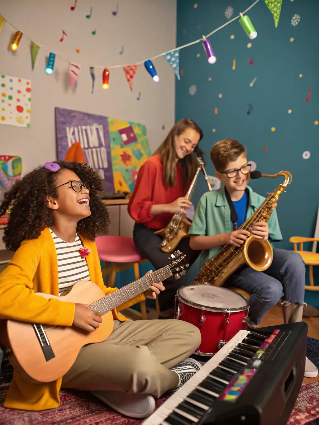 A vibrant image showcasing a group of musicians collaborating in a workshop setting, representing the artistic development programs offered by COLORADO STAFF.